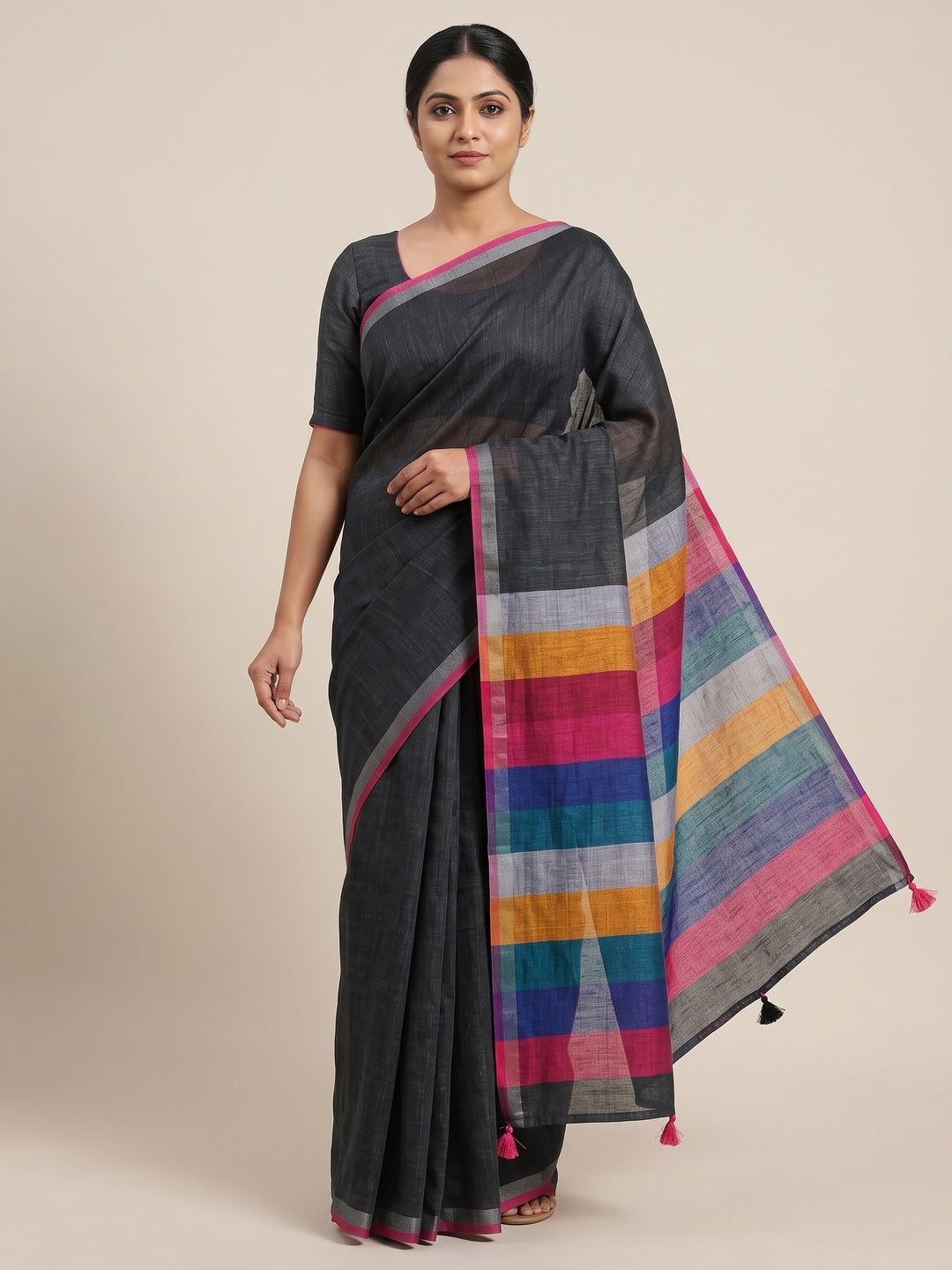 Multicolor Soft Linen Saree with Artistic Print - Image 1