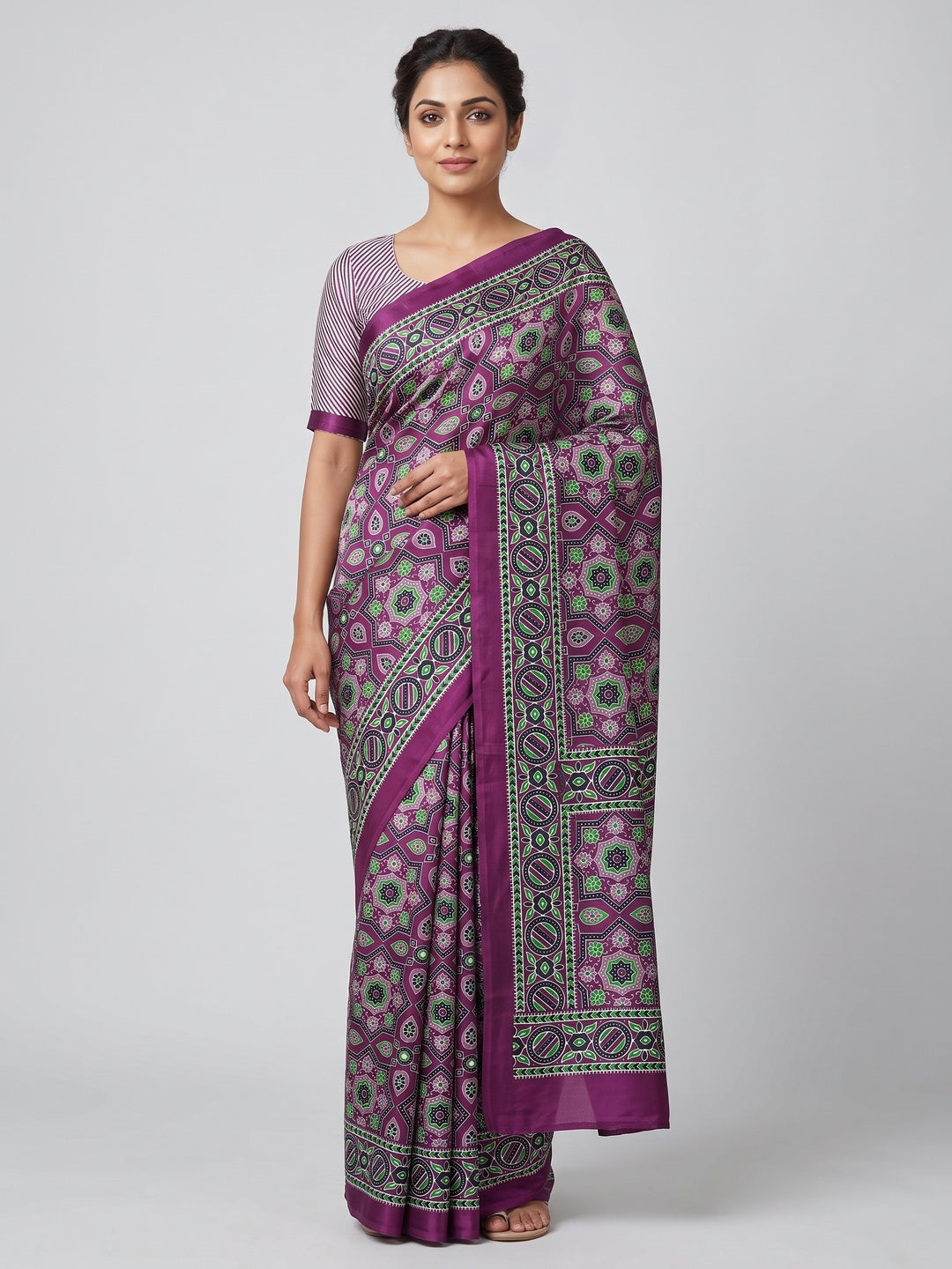 Modern Style Magenta Ajrakh Printed Crepe Silk Saree for Elegant Party Occasions - Image 1