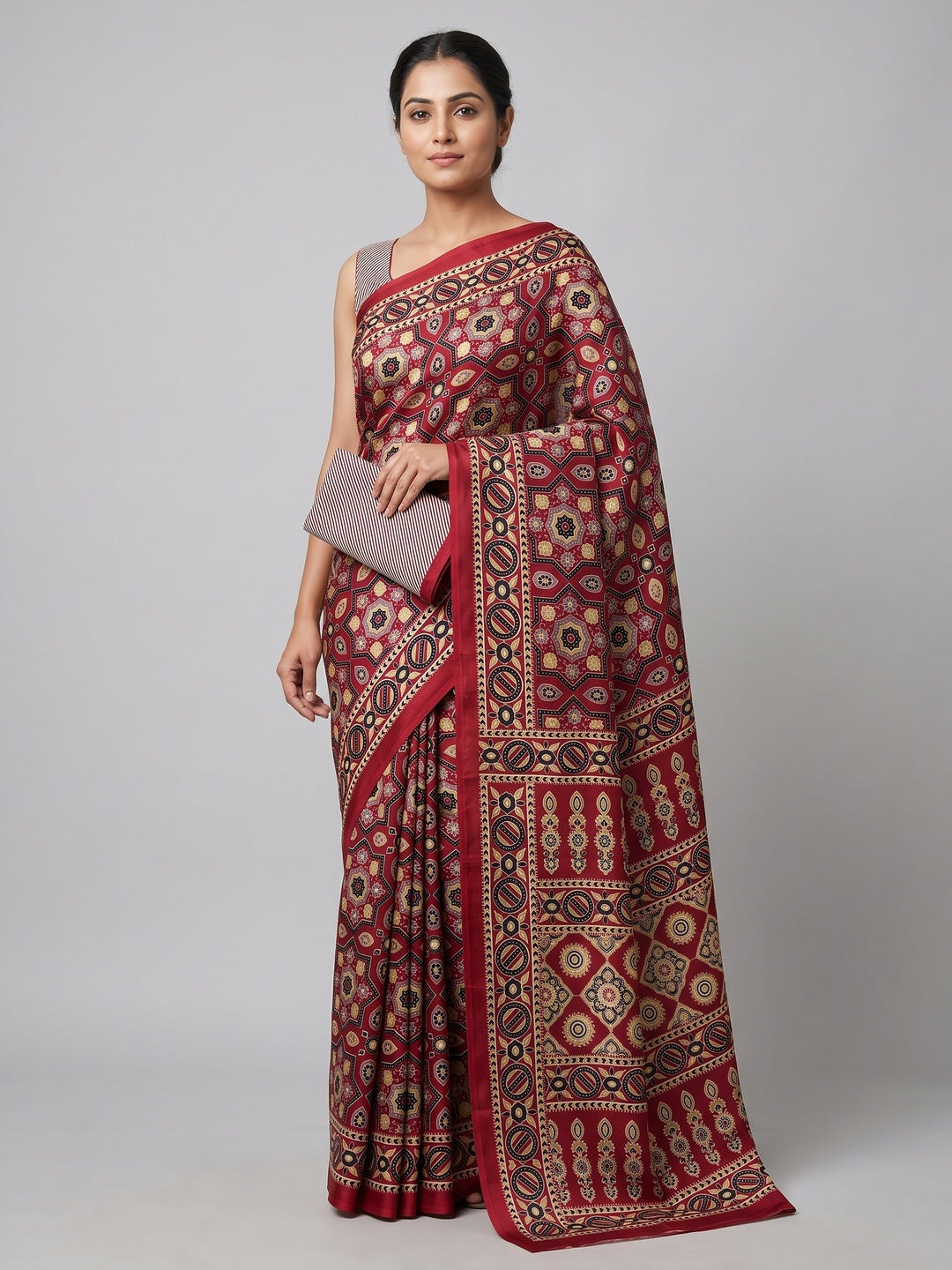 Modern Style Maroon Ajrakh Printed Crepe Silk Saree for Elegant Party Occasions - Image 1