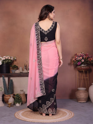 Soft Pink & Black Georgette Party Wear Saree with Designer Embroidered Border - Image 2