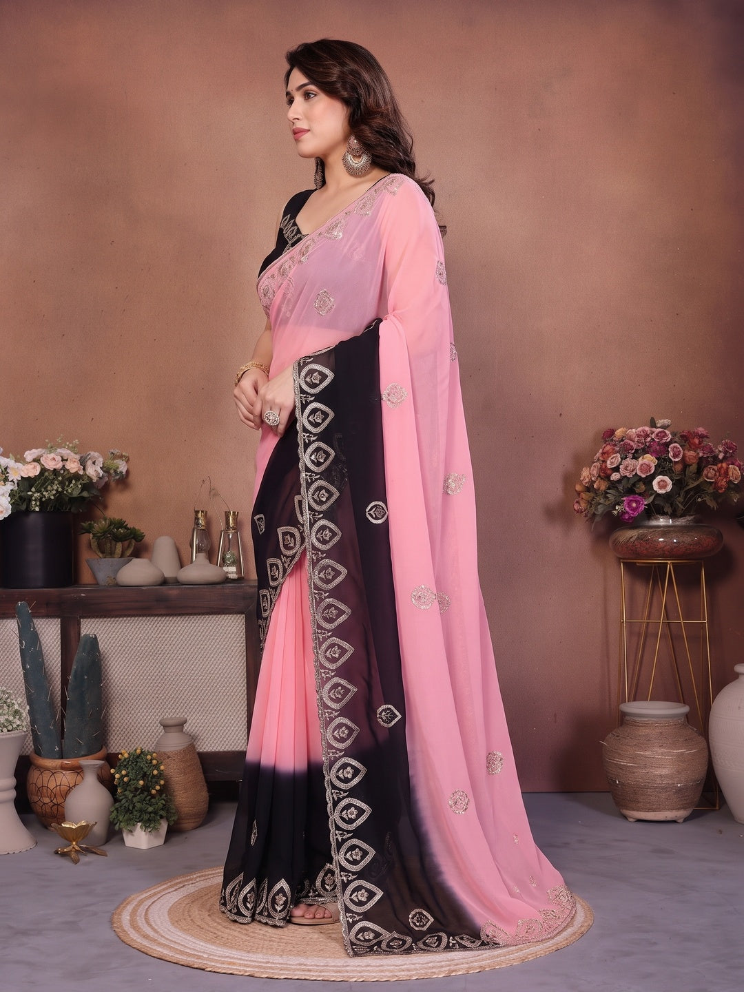 Soft Pink & Black Georgette Party Wear Saree with Designer Embroidered Border - Image 3