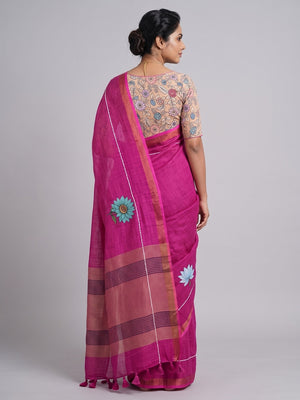 Elegant Rani Pink Floral Digital Printed Linen Cotton Saree With Woven Border & Tassel Pallu - Image 2