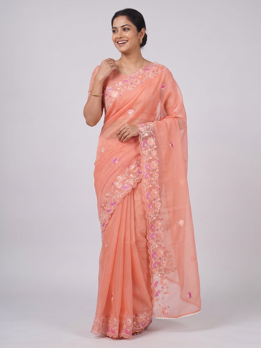 Peach Handwoven Kota Doria Saree Featuring Rich Gota Work for a Festive Look - Image 4