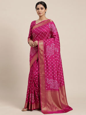 Pink Dola Silk Saree Featuring Traditional Bandhani Print & Elegant Weaving Border - Image 1