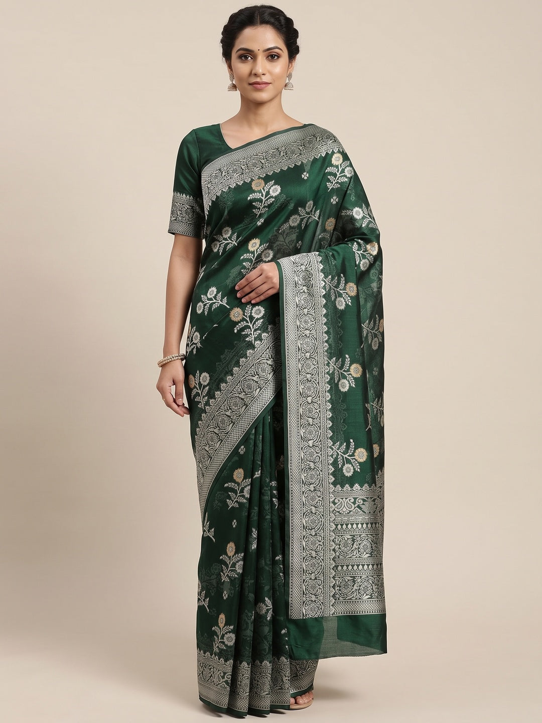 Festive Wear Deep Emerald Green Banarasi Silk Saree with Floral Zari Work - Image 1