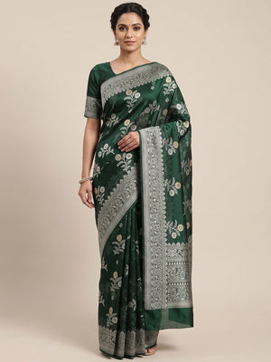 Festive Wear Deep Emerald Green Banarasi Silk Saree with Floral Zari Work - Image 1
