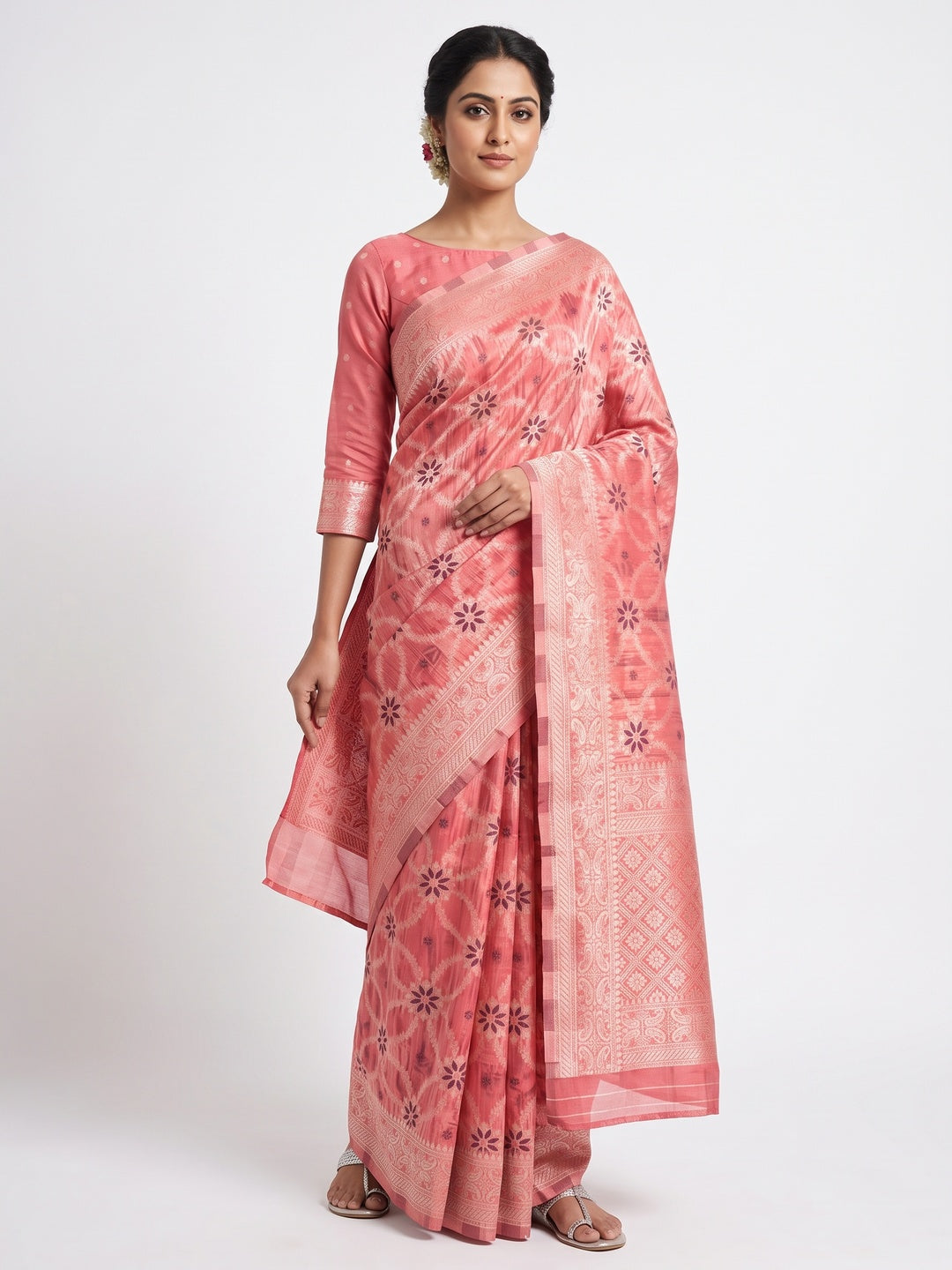 Rich Gajri Pink Saree in Banarasi Silk with Heritage Floral Zari Design - Image 1