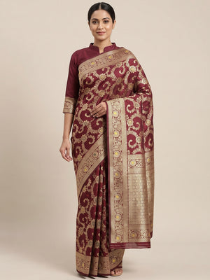 Wine Pure Silk Drape Featuring Traditional Heavy Zari Weaving for a Royal Look - Image 1