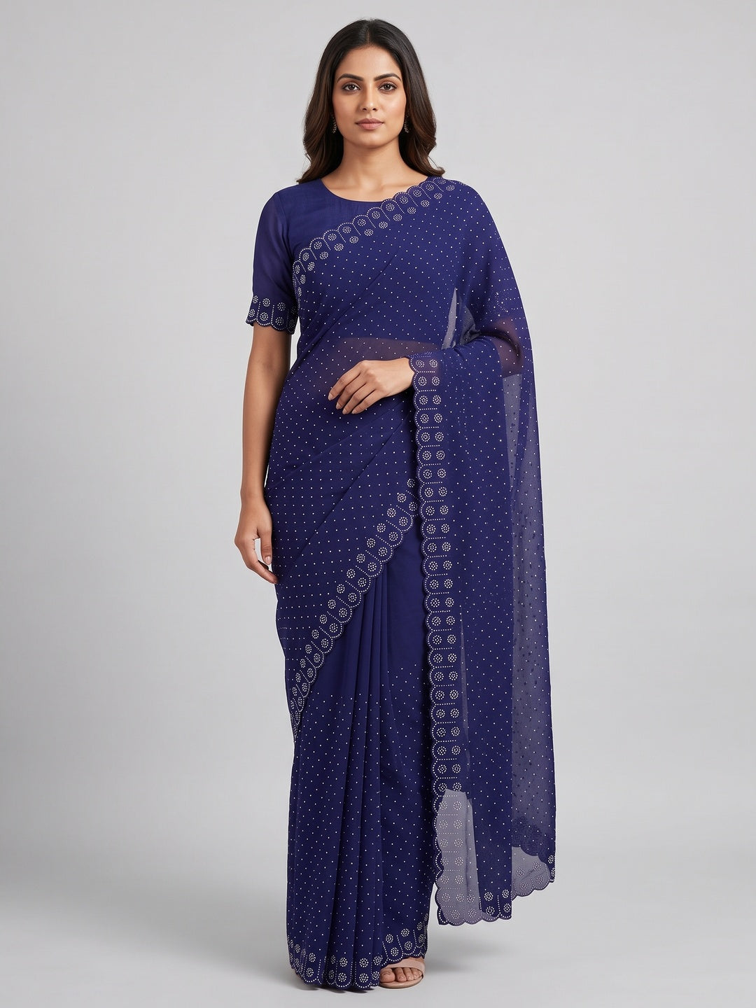 Chiffon Saree in Blue with Sparkling Stone Work Finish - Image 1