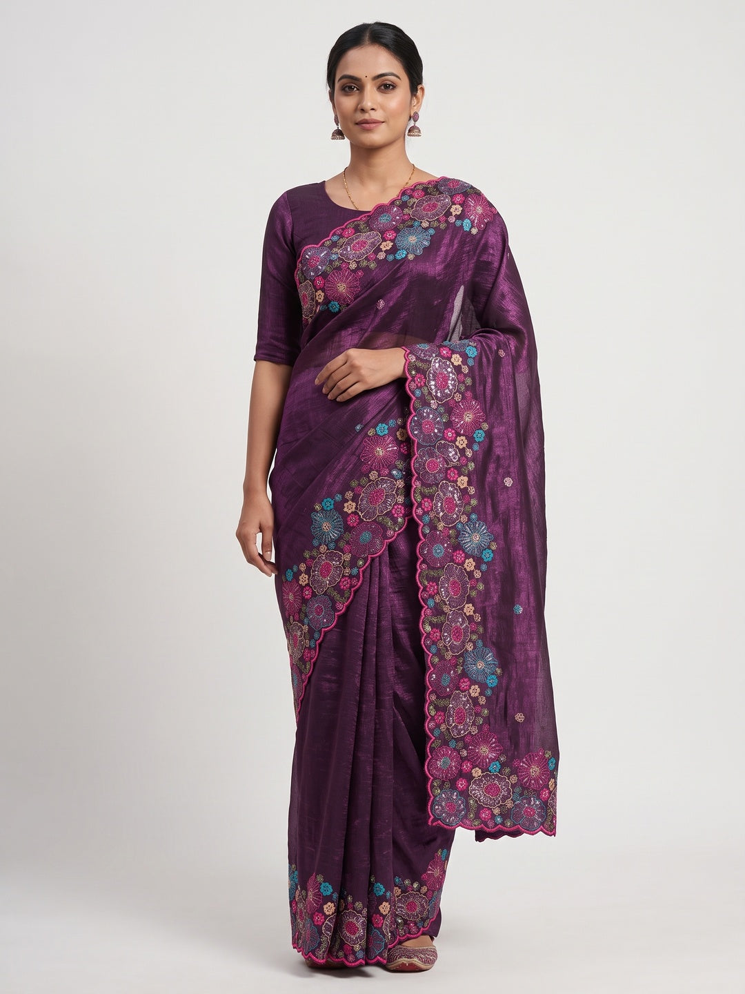 Purple Sheer Chiffon Saree with Artistic Floral Sequins Work - Image 1