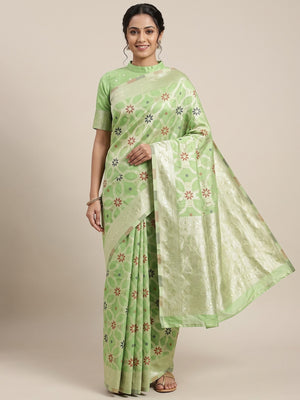 Rich Light Green Saree in Banarasi Silk with Heritage Floral Zari Design - Image 1
