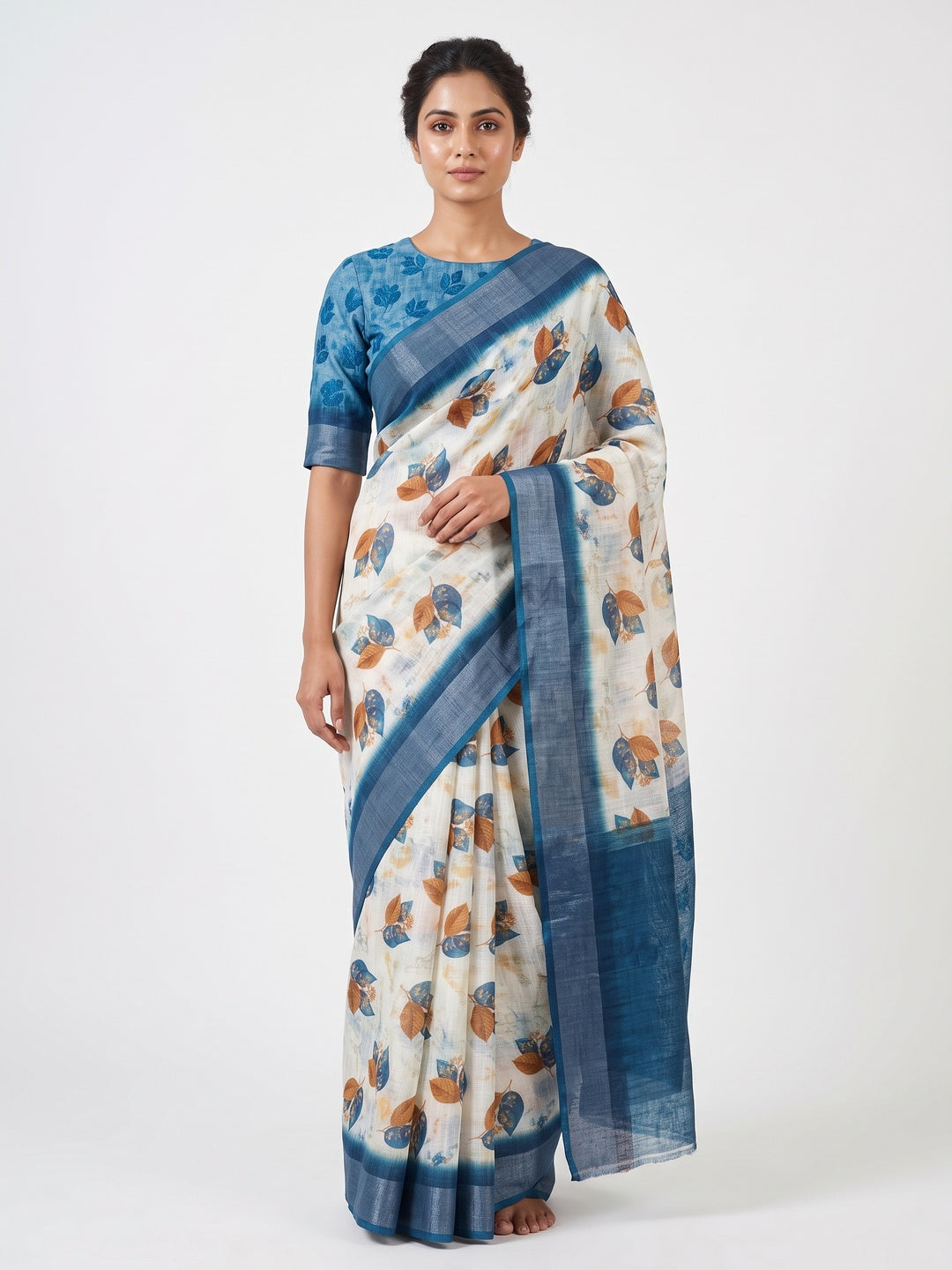 Off-White Linen Printed Saree Adorned with Florals and Subtle Zari Trim - Image 1