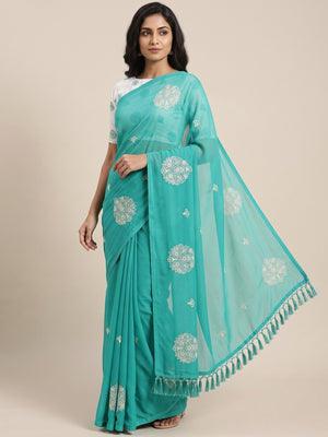 Turquoise Embroidered Chiffon Saree With Elegant Tassel Borders - Image 1