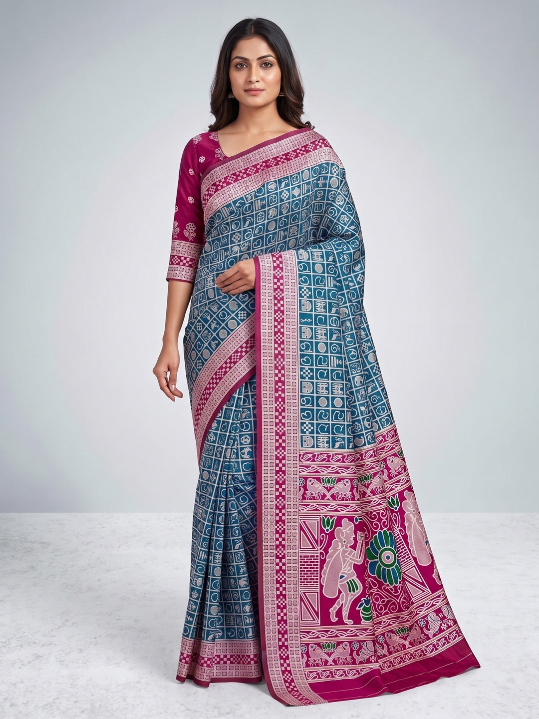 Elegant Blue Weaving Cotton Silk Saree Accented With Detailed Madhubani Folk Art Work - Image 2