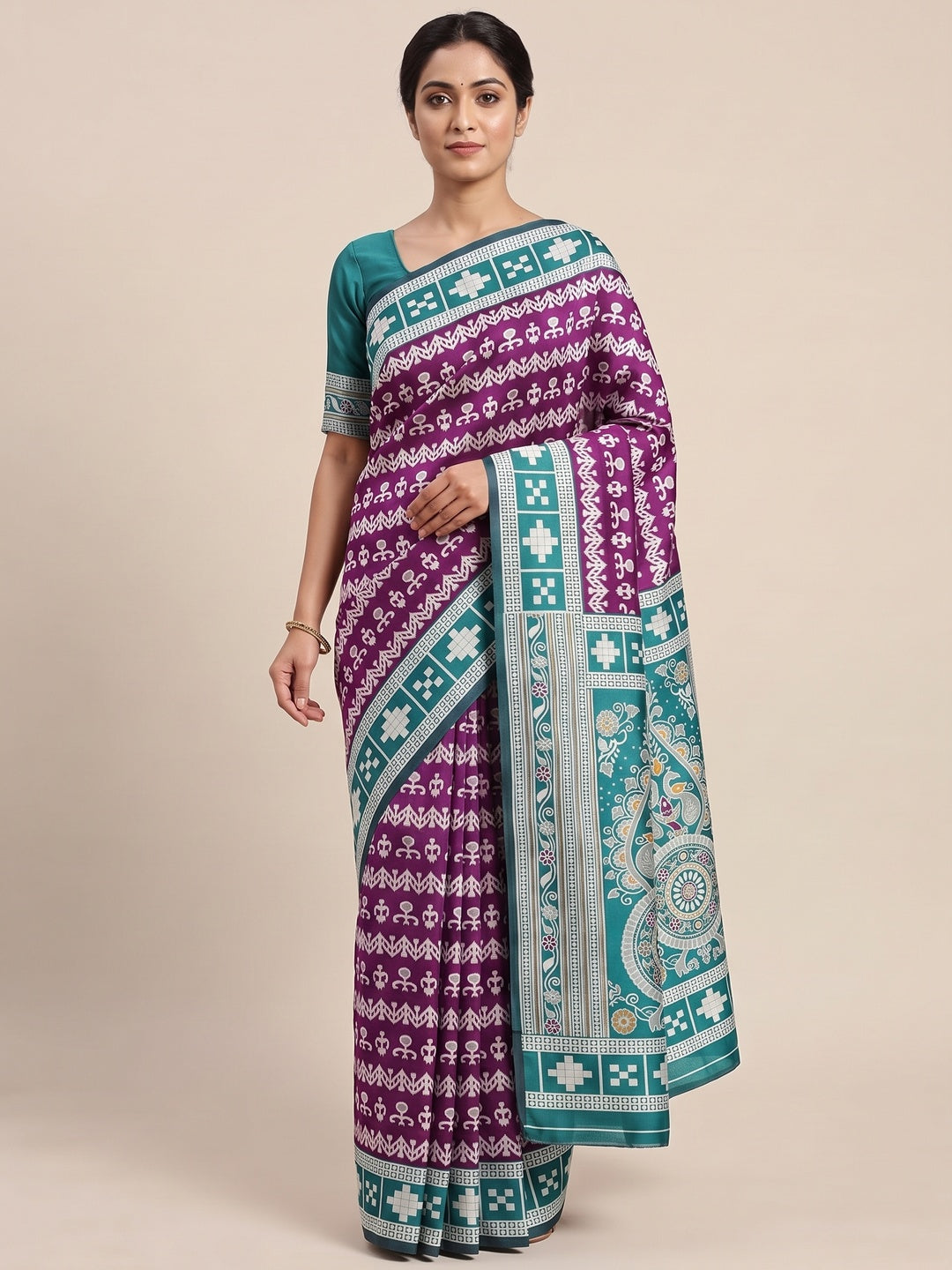 Purple Weaving Cotton Silk Saree With Contrasting Floral & Peacock Design Pallu - Image 2
