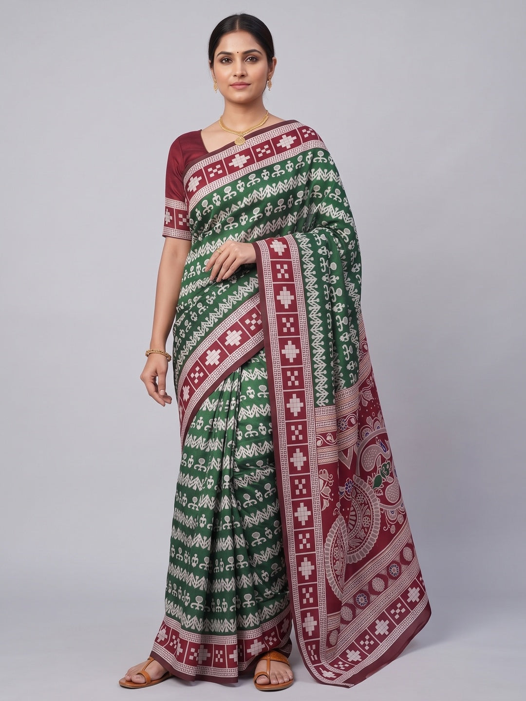 Green Weaving Cotton Silk Saree With Contrasting Floral & Peacock Design Pallu - Image 2