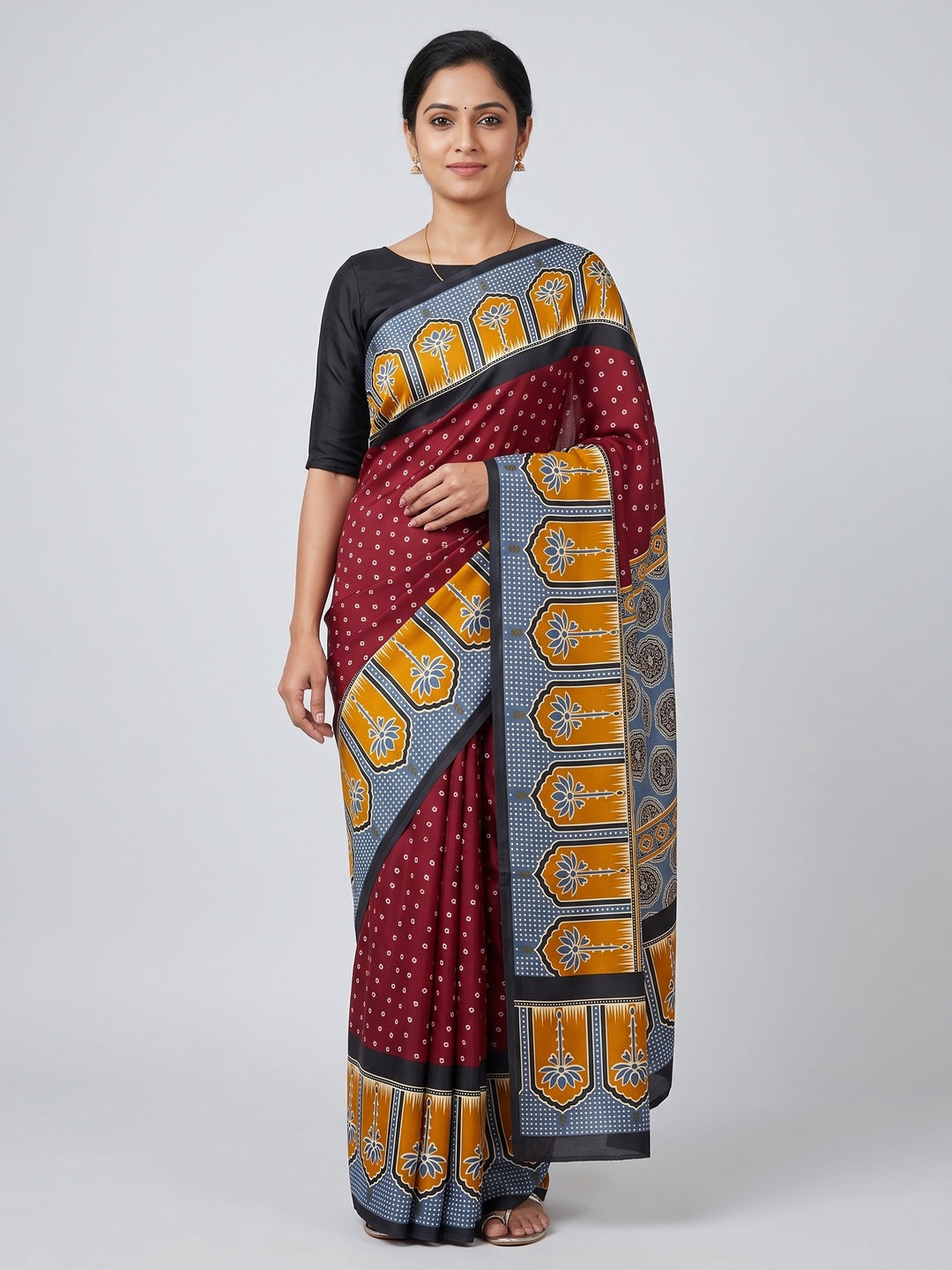 Classic Maroon Crepe Silk Saree Enhanced with Bandhani Work for Timeless Appeal - Image 1