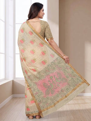 Ethnic Beige Linen Saree with Graceful Floral Printed Motif Work - Image 2