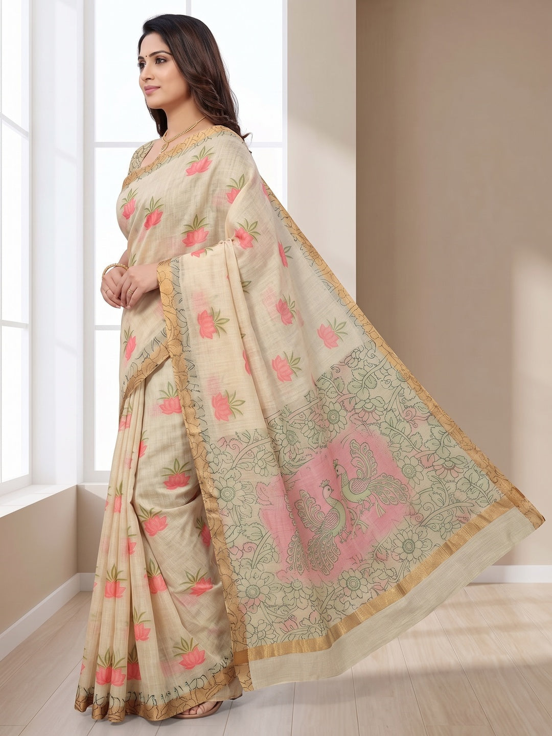 Ethnic Beige Linen Saree with Graceful Floral Printed Motif Work - Image 3