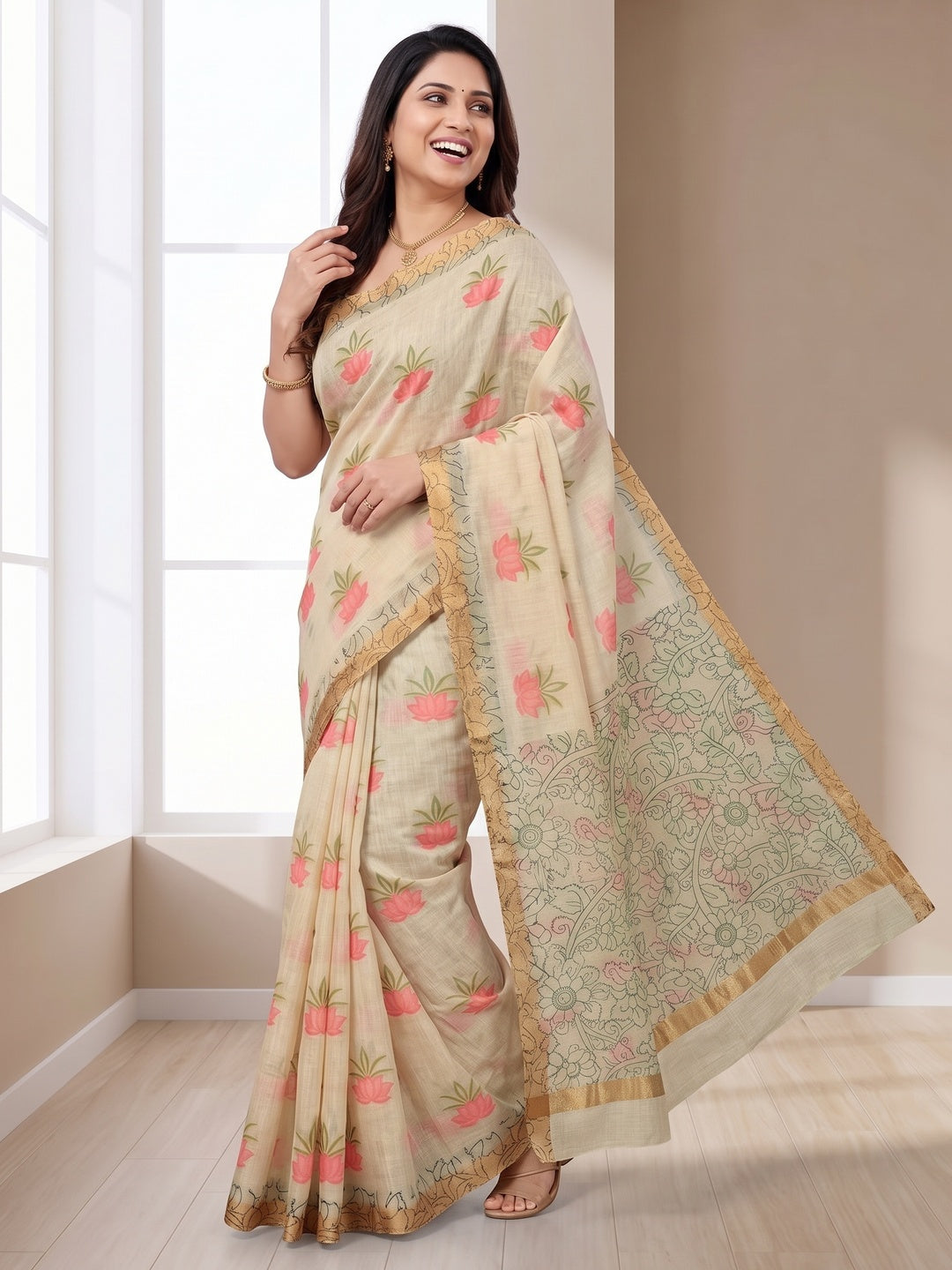 Ethnic Beige Linen Saree with Graceful Floral Printed Motif Work - Image 4