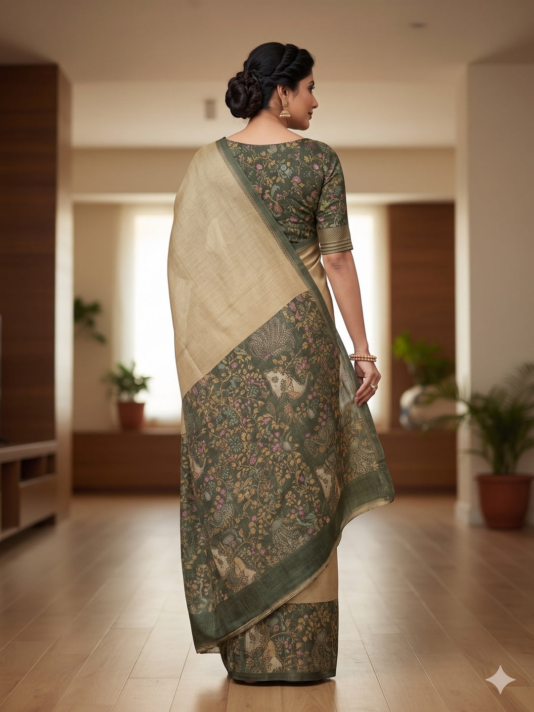 Elegant Chikoo Cotton Silk Saree with Floral Printed Border - Image 2