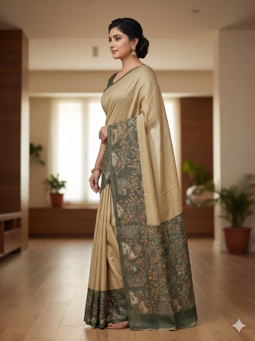 Elegant Chikoo Cotton Silk Saree with Floral Printed Border - Image 3