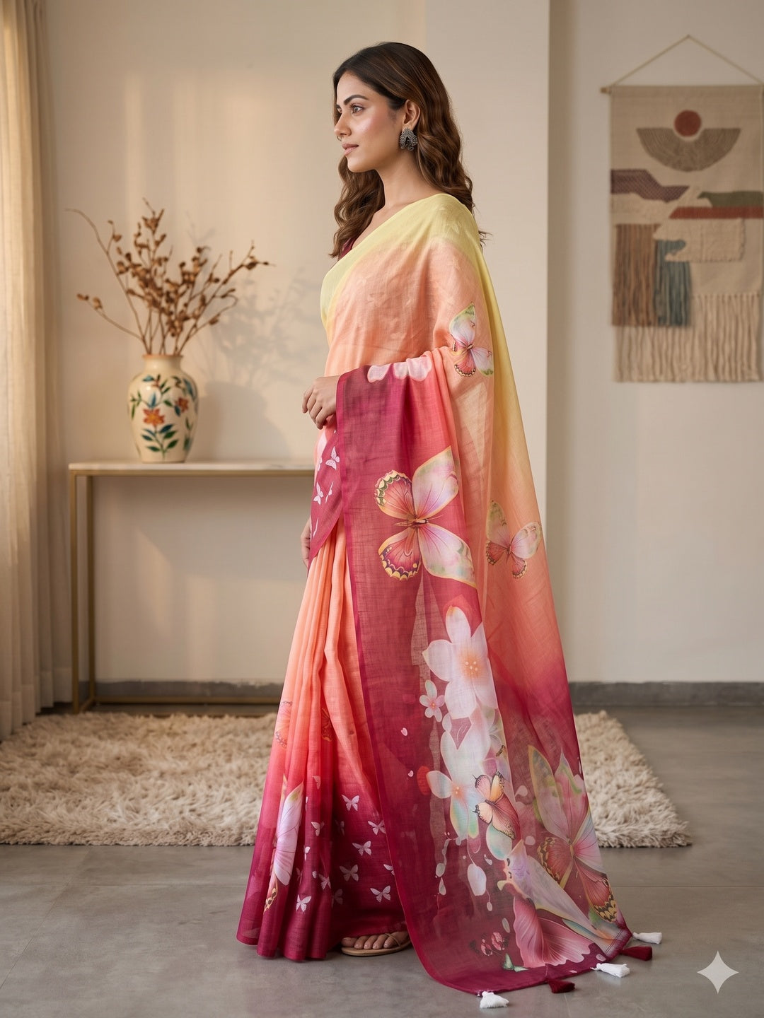 Elegant Multicolor Ombre Floral Digital Printed Saree With Butterfly Motif Work & Elegant Pallu - Image 3