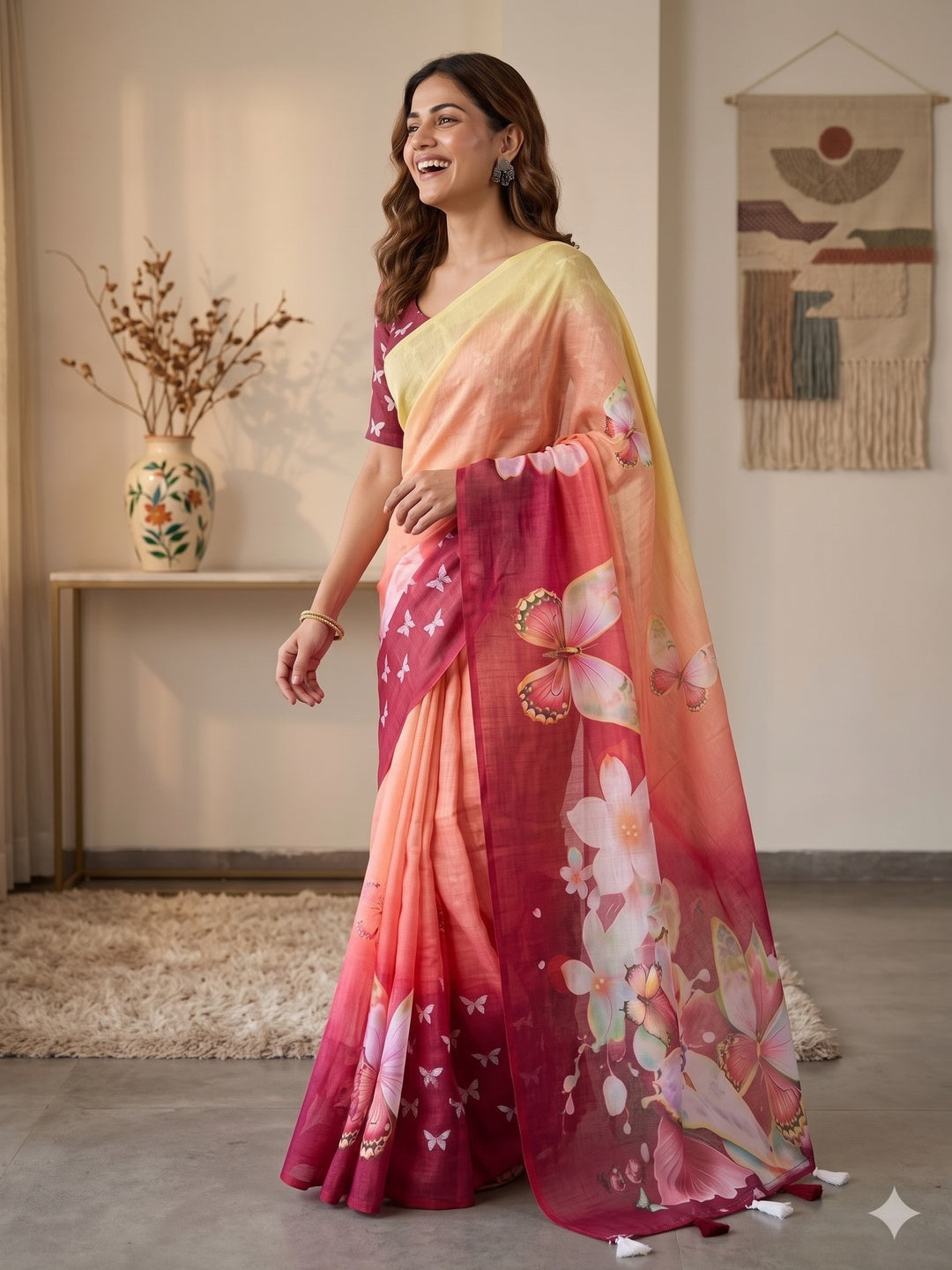 Elegant Multicolor Ombre Floral Digital Printed Saree With Butterfly Motif Work & Elegant Pallu - Image 4