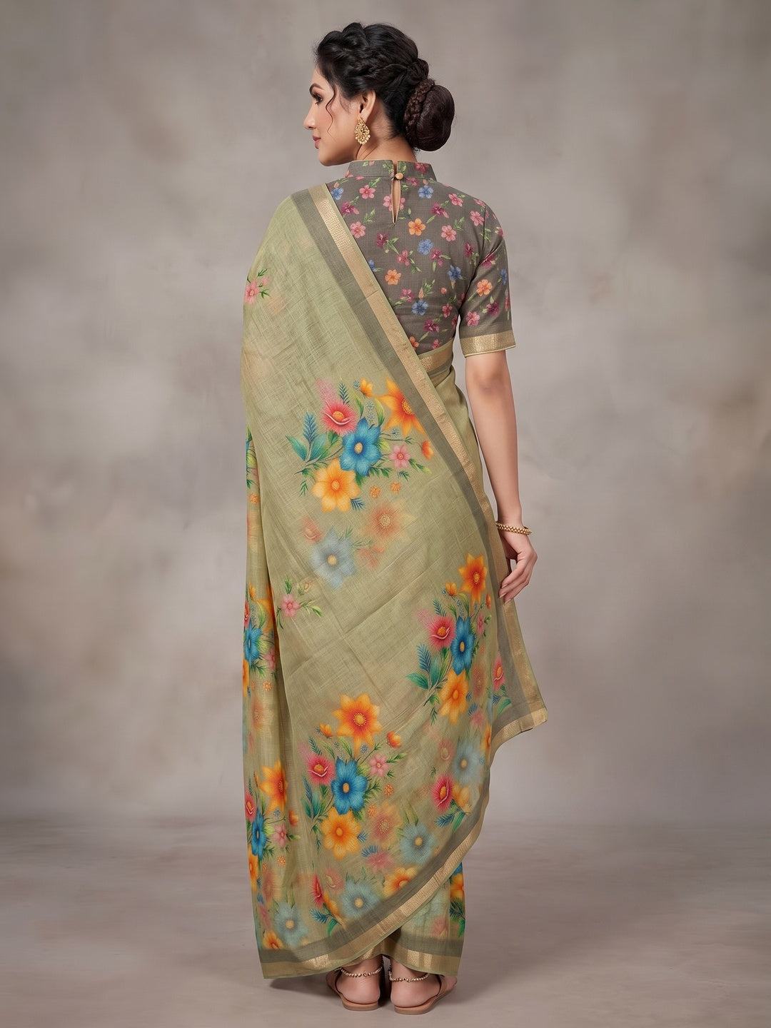 Elegant Green Linen Saree with Floral Print and Border Detail - Image 2