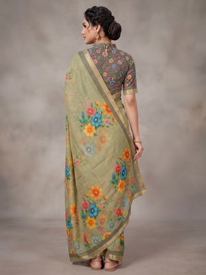 Elegant Green Linen Saree with Floral Print and Border Detail - Image 2