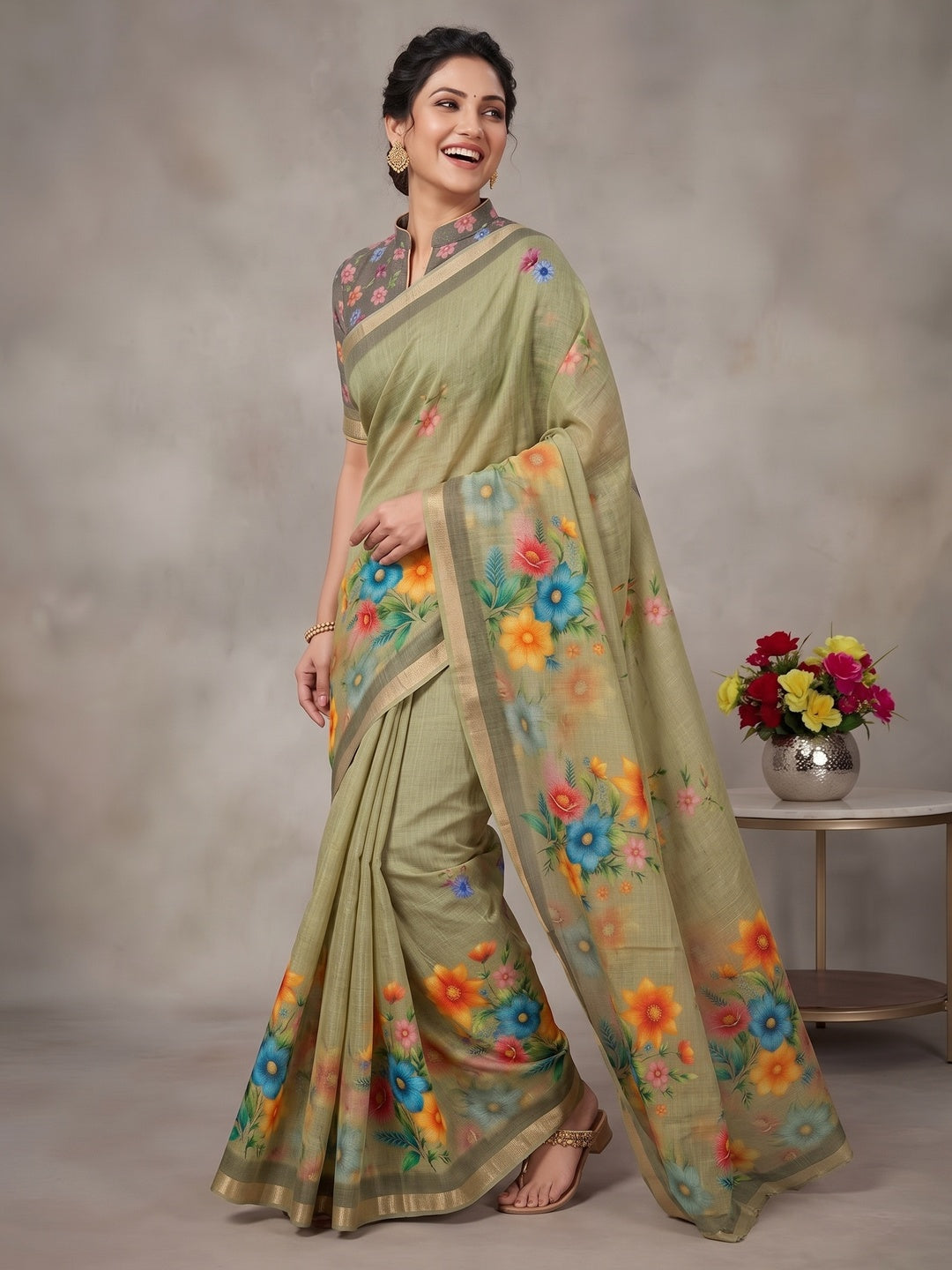 Elegant Green Linen Saree with Floral Print and Border Detail - Image 4