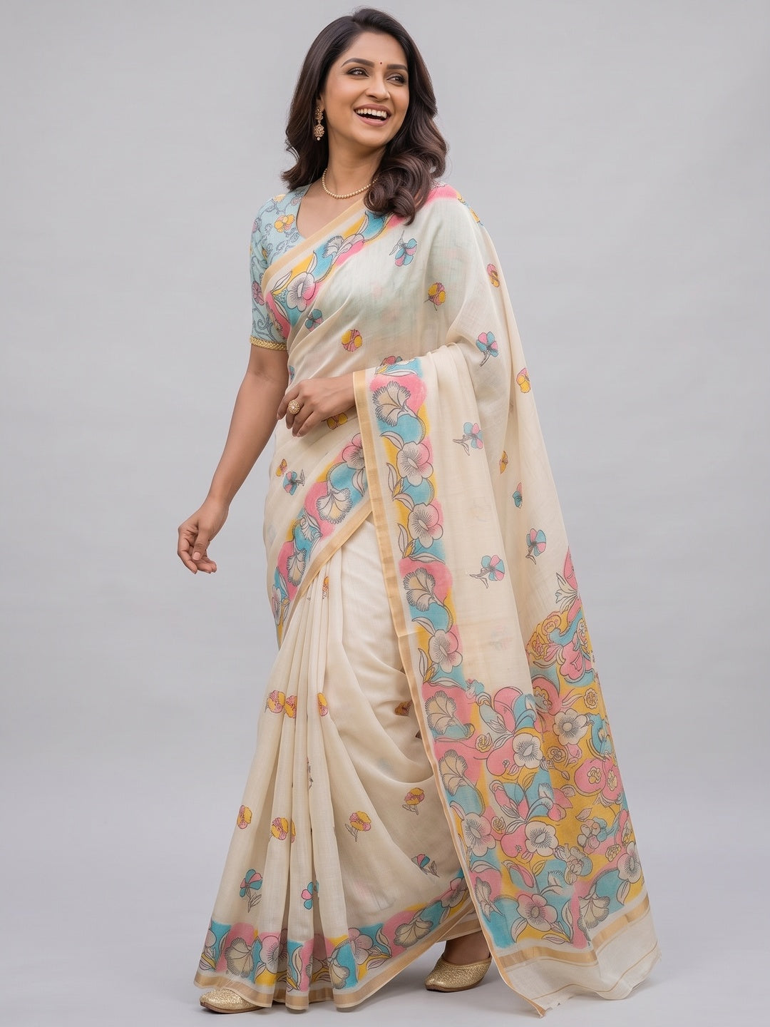 Ethnic Beige Linen Saree with Graceful Floral Printed Motif Work - Image 4