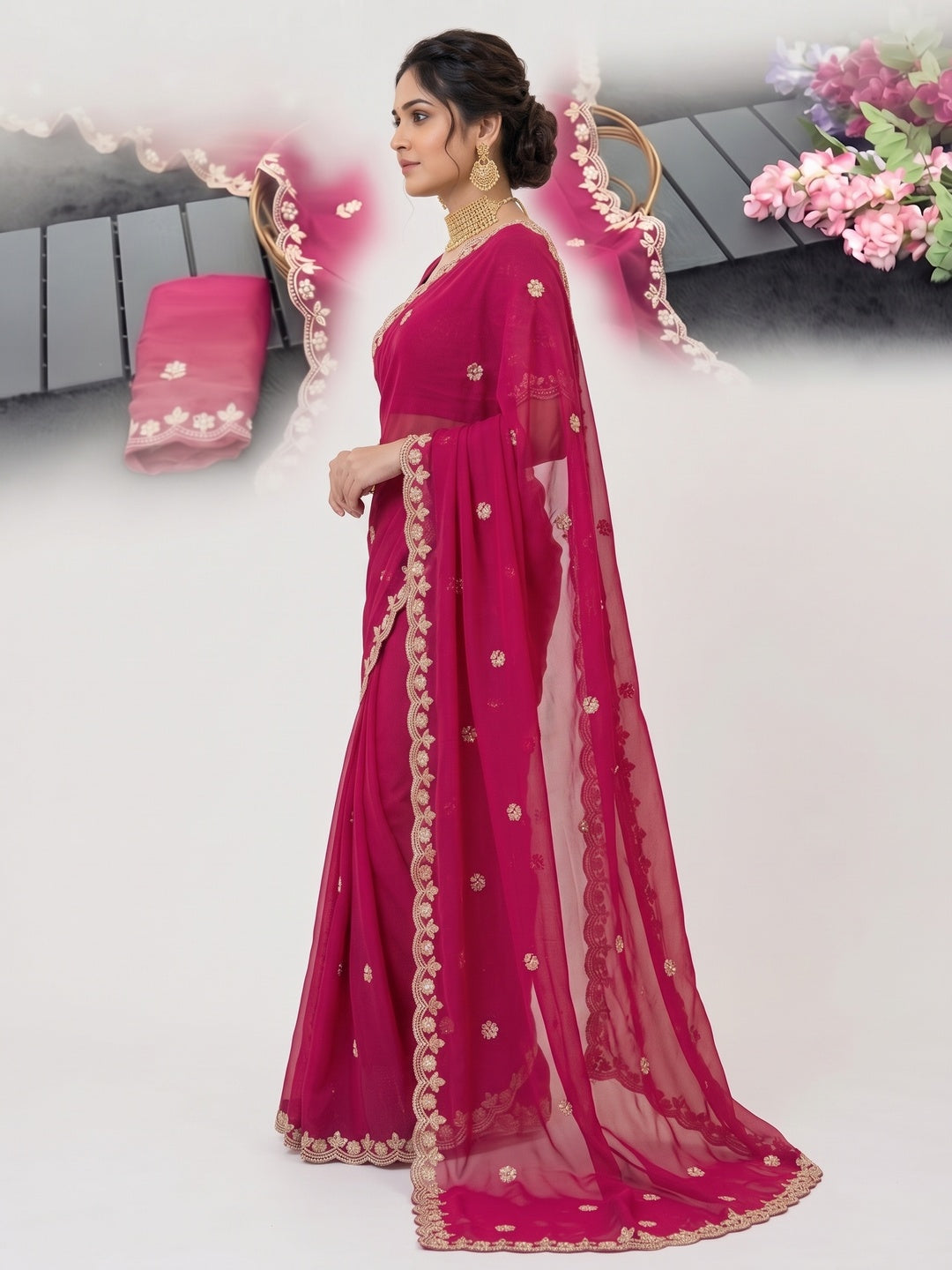 Elegant Pink Georgette Saree Embellished With Floral Zari Embroidery & Intricate Moti Work - Image 3