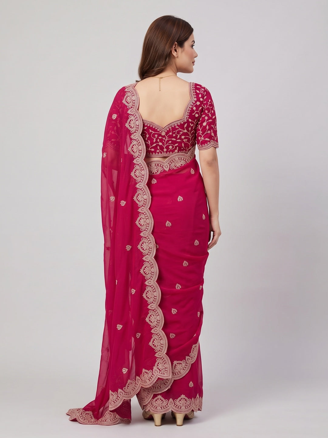 Gorgeous Pink Floral Embroidered Georgette Saree Accented With Luxurious Zari Work - Image 2