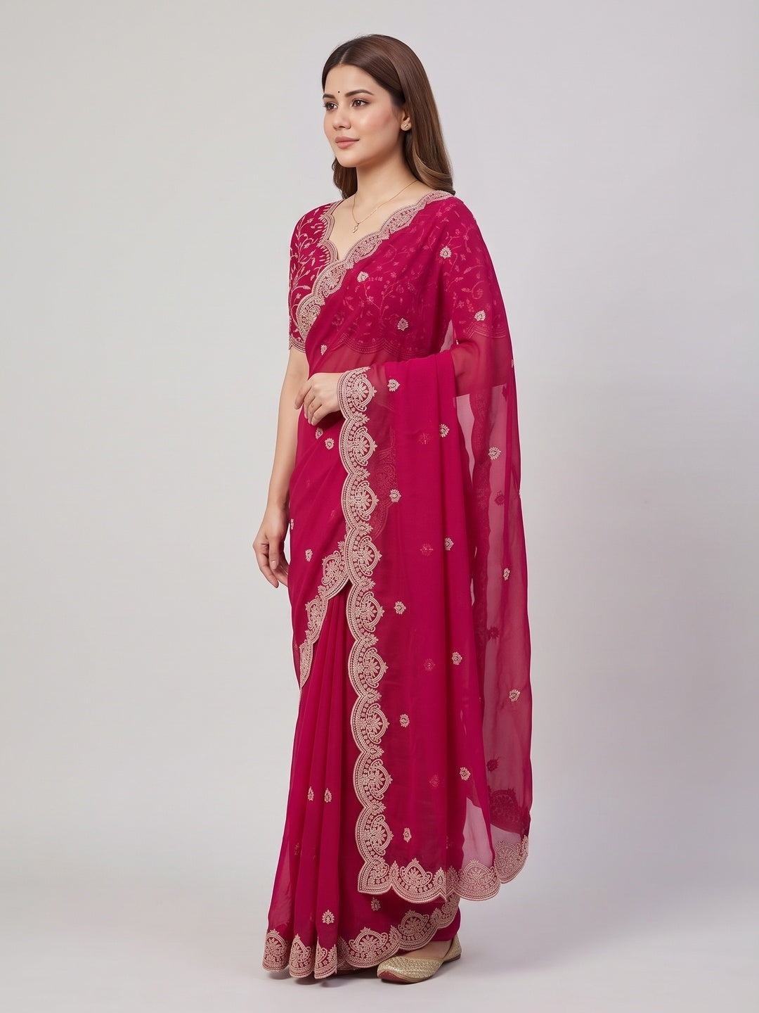 Gorgeous Pink Floral Embroidered Georgette Saree Accented With Luxurious Zari Work - Image 3