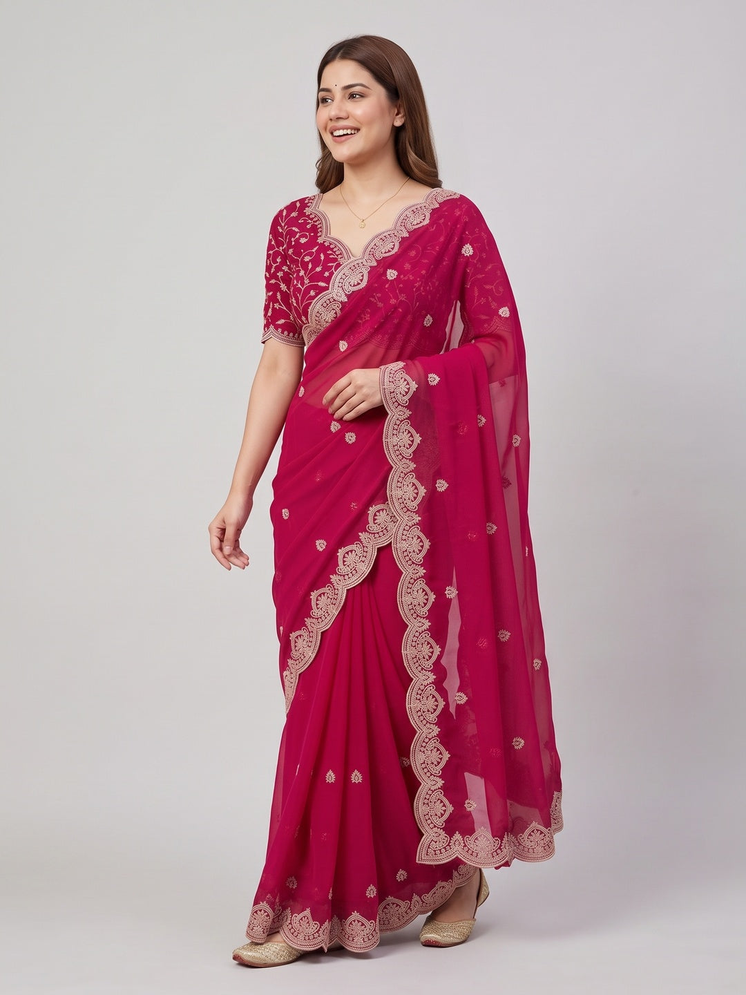Gorgeous Pink Floral Embroidered Georgette Saree Accented With Luxurious Zari Work - Image 4