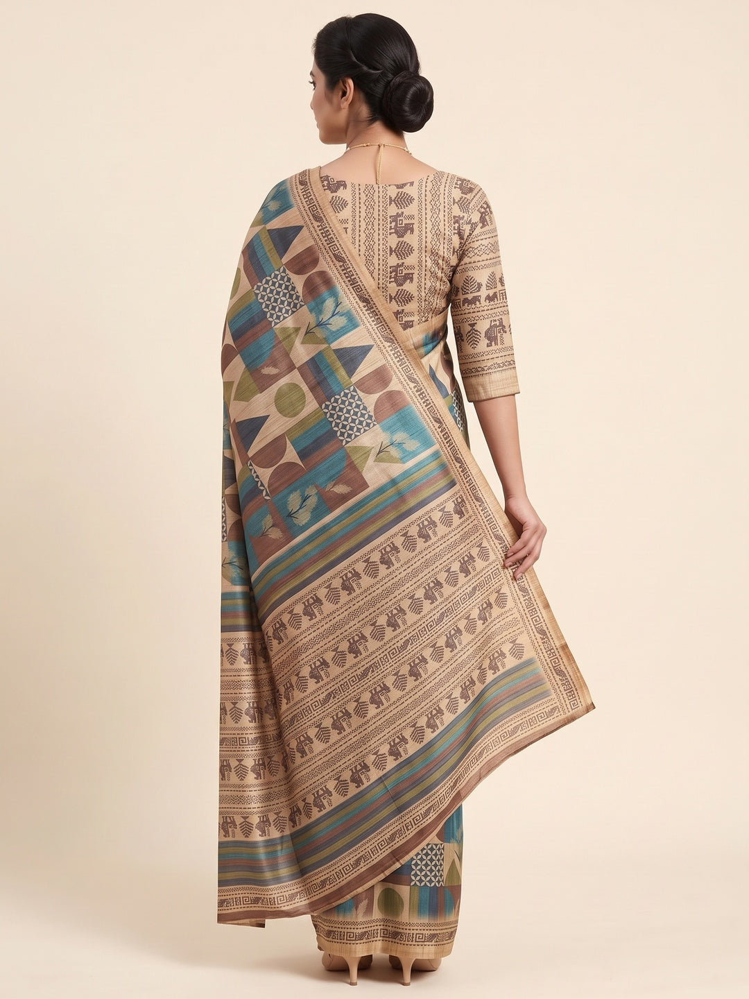 Elegant Beige Tussar Silk Blend Saree Adorned with Contemporary Geometric Patterns - Image 2