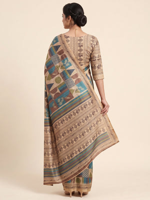 Elegant Beige Tussar Silk Blend Saree Adorned with Contemporary Geometric Patterns - Image 2