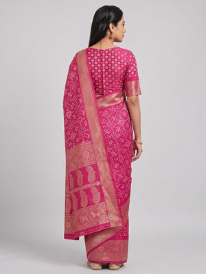 Contemporary Rani Pink Geometric Mill Printed Dola Silk Saree With Ornate Floral Zari Border - Image 2