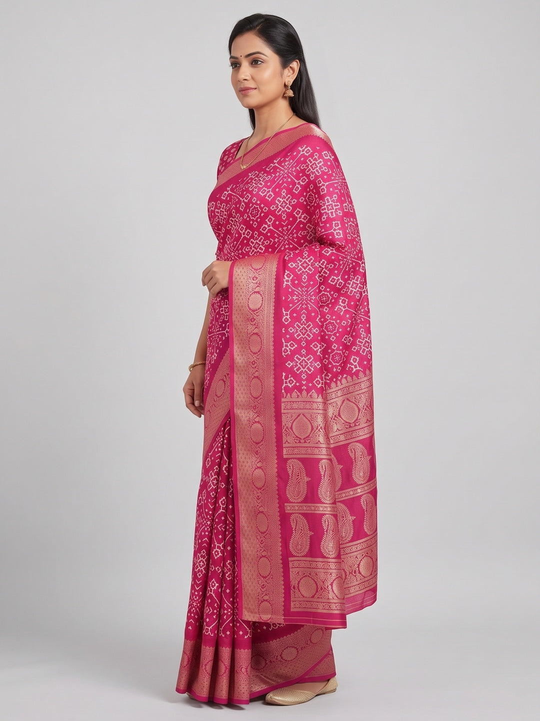 Contemporary Rani Pink Geometric Mill Printed Dola Silk Saree With Ornate Floral Zari Border - Image 3