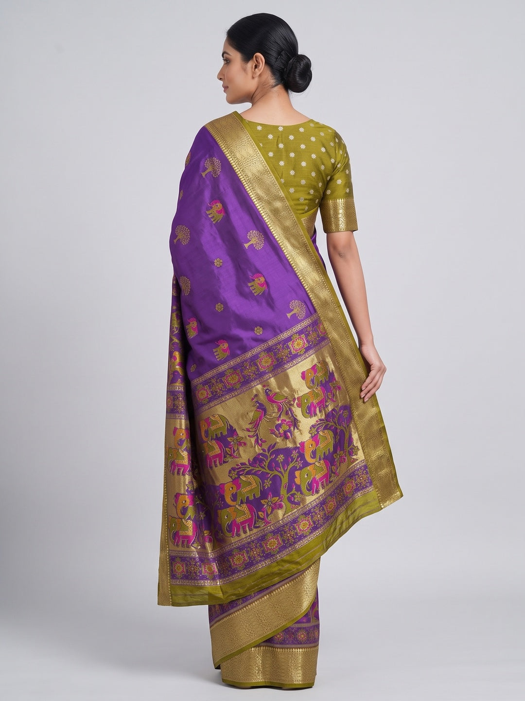 Majestic Purple Elephant & Floral Printed Dola Silk Saree Featuring Intricate Weaving Border - Image 2