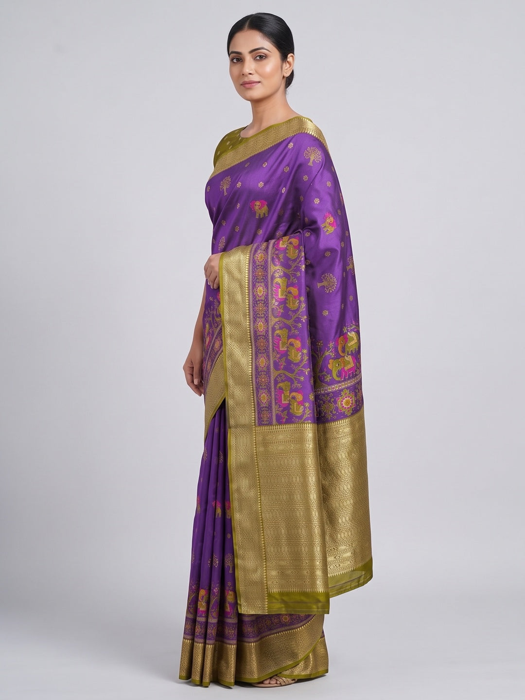 Majestic Purple Elephant & Floral Printed Dola Silk Saree Featuring Intricate Weaving Border - Image 3