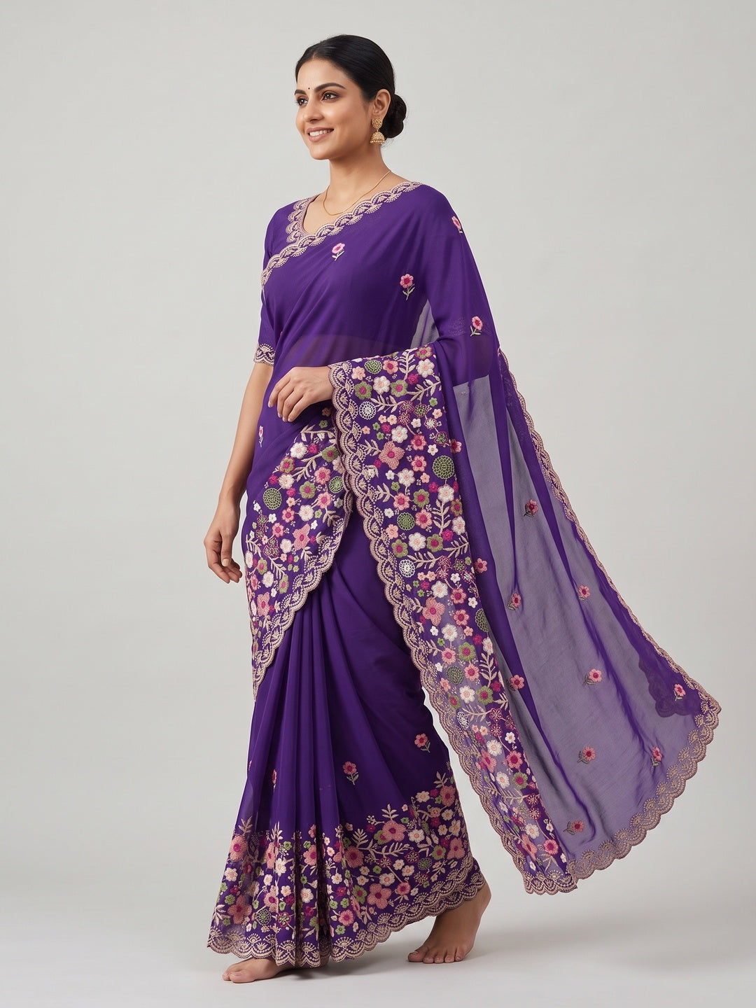 Graceful Purple Georgette Saree Featuring Exquisite Floral Thread Embroidery Work - Image 4