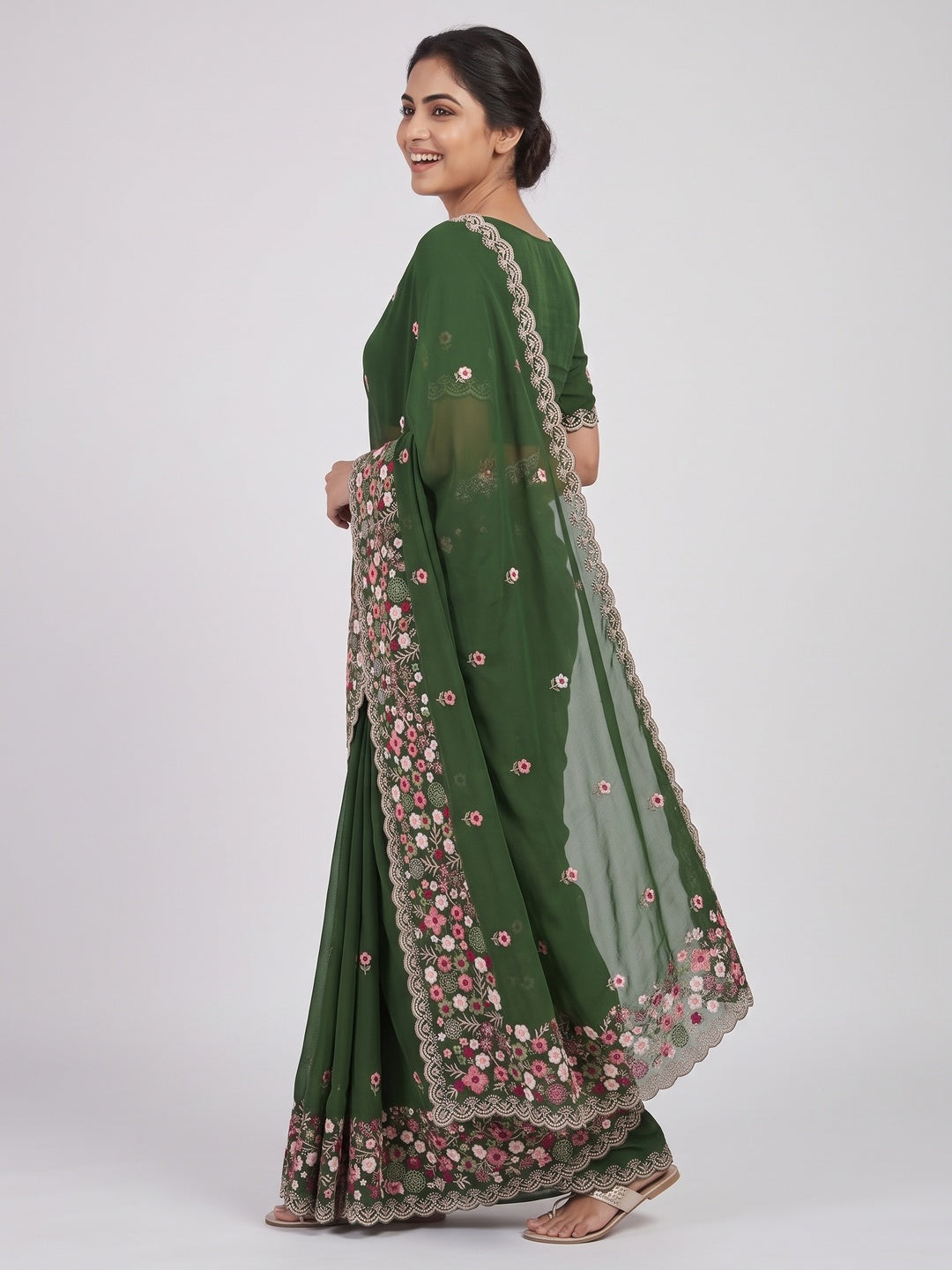 Graceful Green Georgette Saree Featuring Exquisite Floral Thread Embroidery Work - Image 4