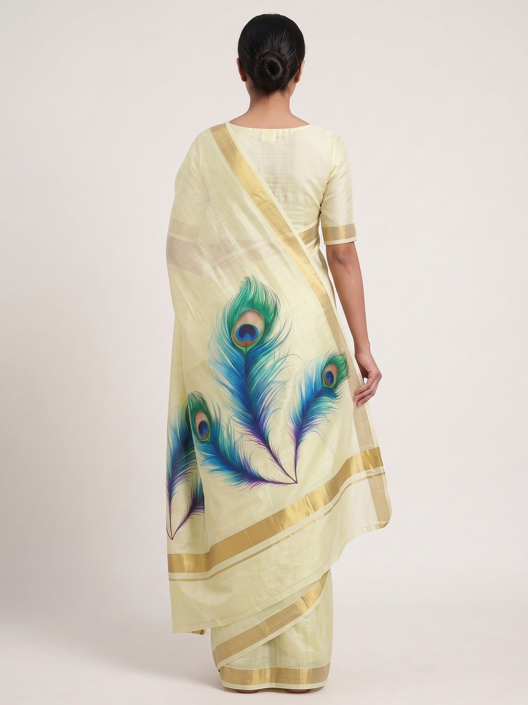 Charming Pista Green Soft Tussar Cotton Silk Saree With Peacock Feathers Print - Image 2