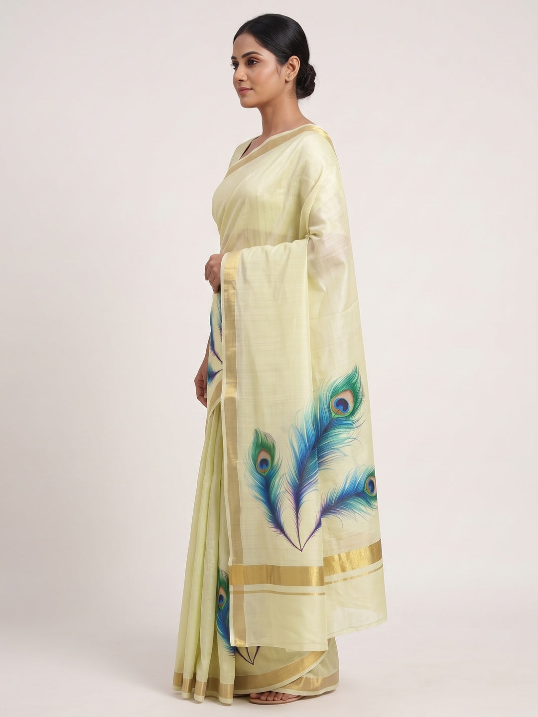 Charming Pista Green Soft Tussar Cotton Silk Saree With Peacock Feathers Print - Image 3