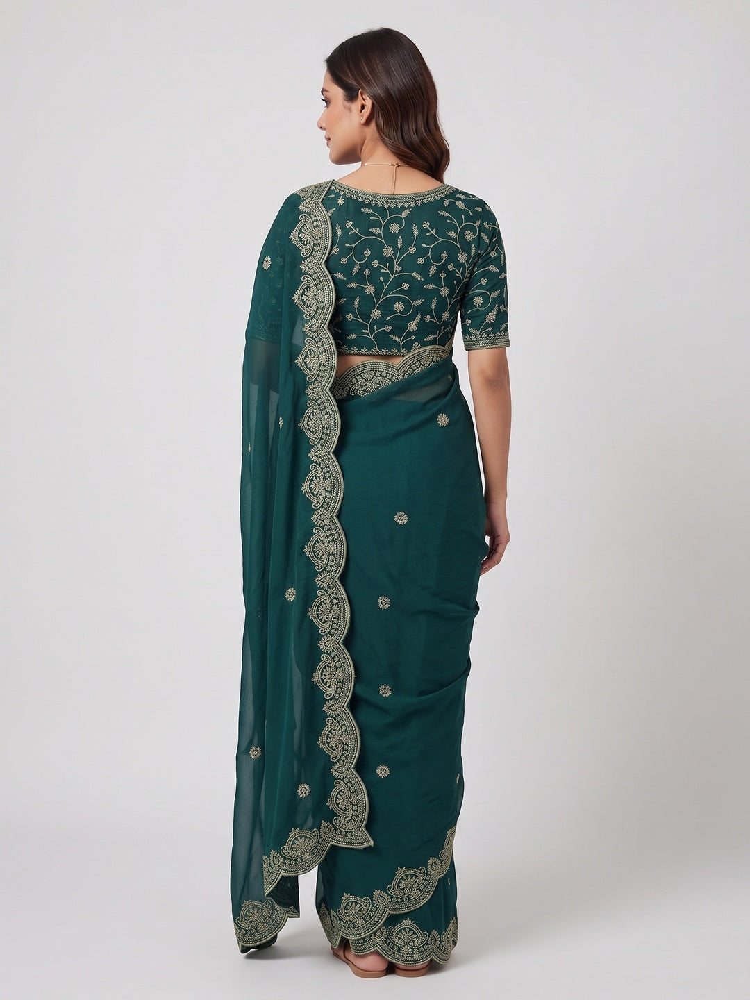 Gorgeous Teal Green Floral Embroidered Georgette Saree Accented With Luxurious Zari Work - Image 2