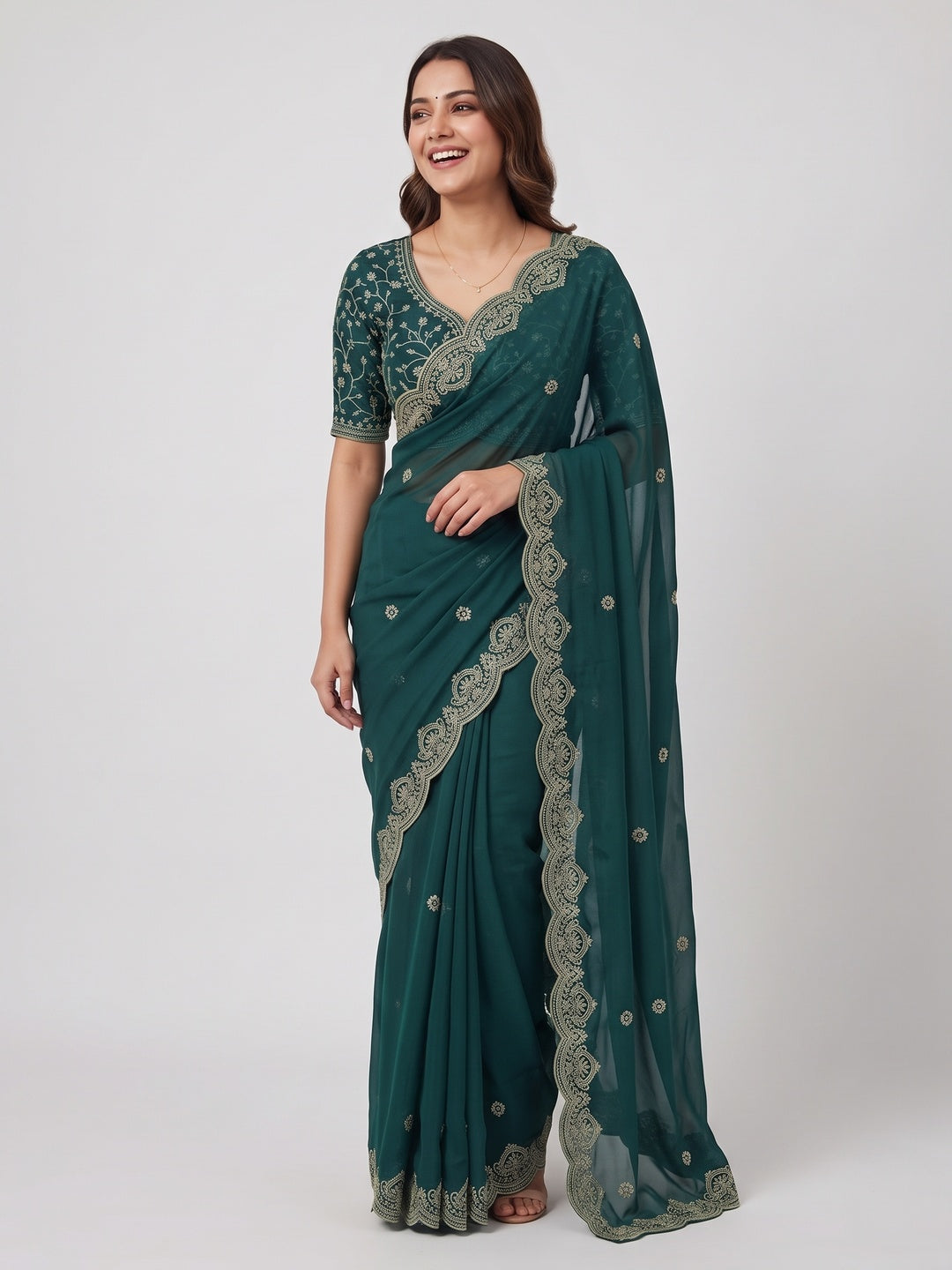 Gorgeous Teal Green Floral Embroidered Georgette Saree Accented With Luxurious Zari Work - Image 4