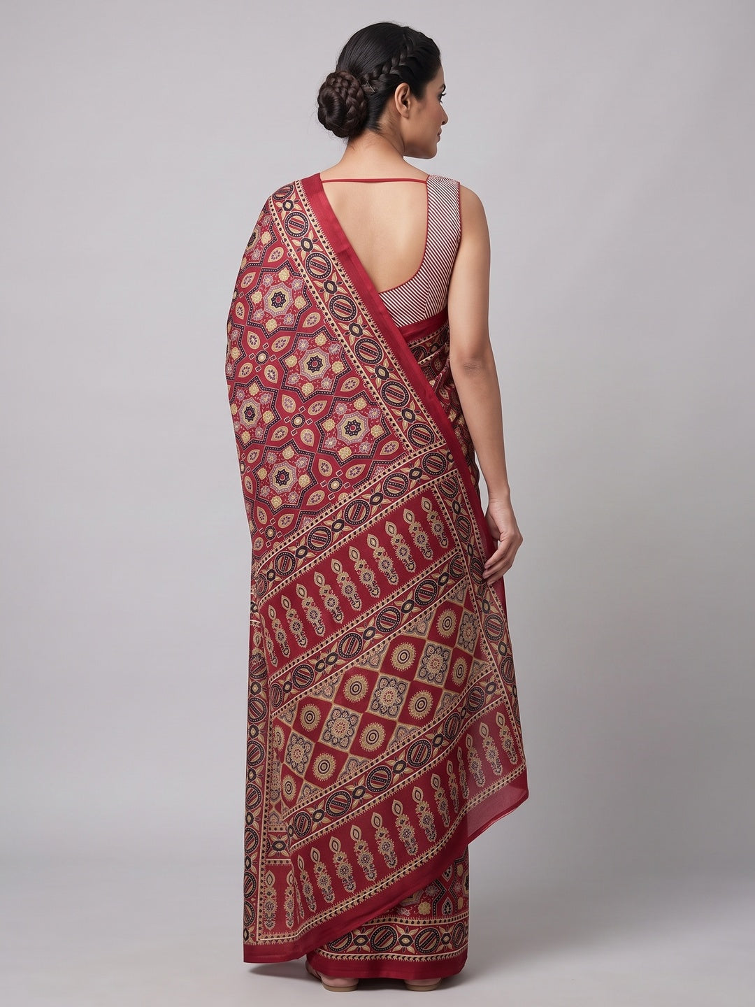 Modern Style Maroon Ajrakh Printed Crepe Silk Saree for Elegant Party Occasions - Image 2