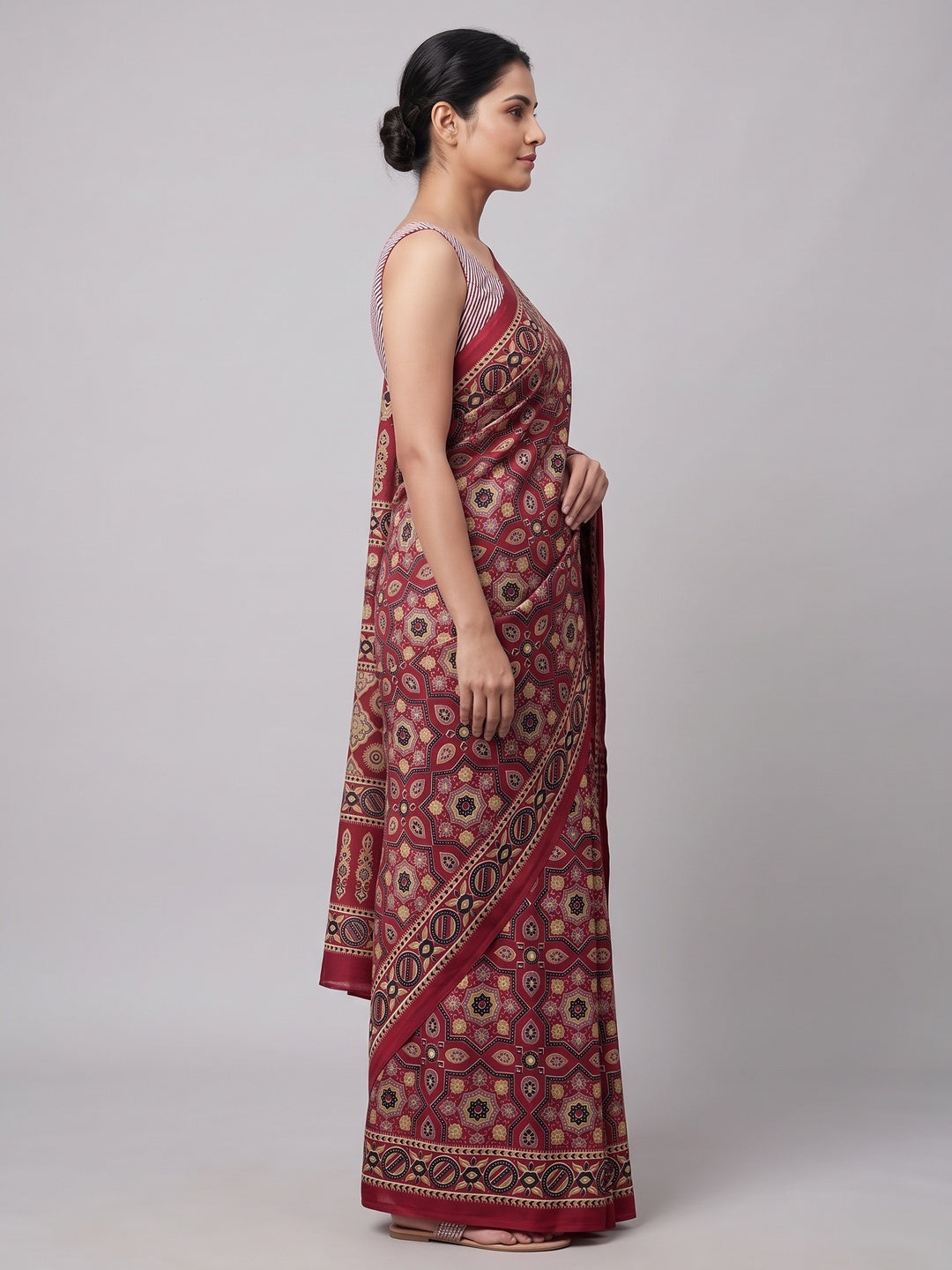 Modern Style Maroon Ajrakh Printed Crepe Silk Saree for Elegant Party Occasions - Image 3